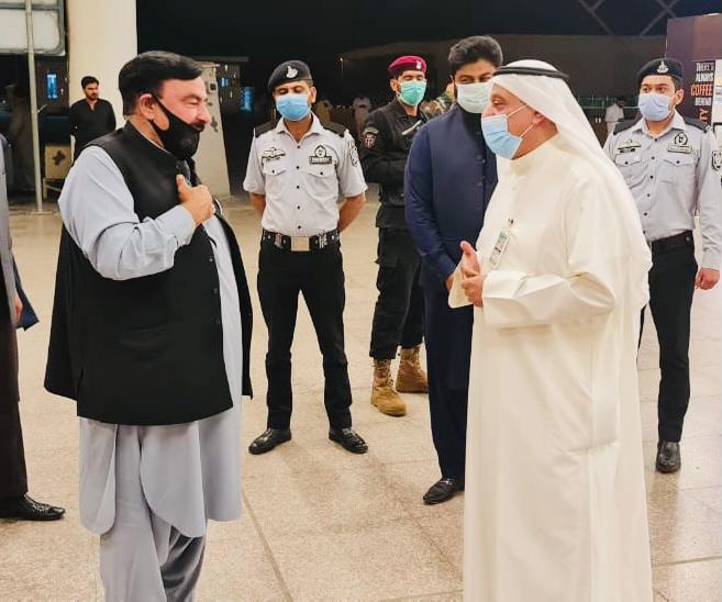 Kuwait's Ambassador in Pakistan His Excellency Mr. Nassar Almutairi seeing off Minister for Interior Sheikh Rashid Ahmed at Islamabad Airport prior to his departure for Kuwait on an official visit.