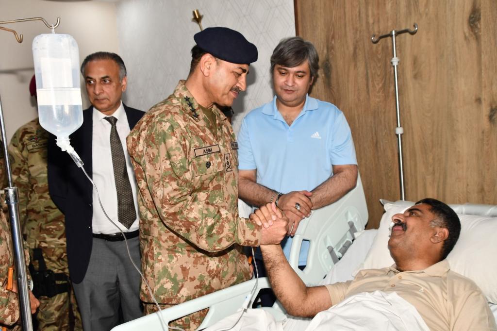 Later, Gen Asim visited Services Hospital in Lahore and personally inquired about the well-being of DIG Ali Nasir Rizvi, who had been injured by political miscreants during the May 9 incident.