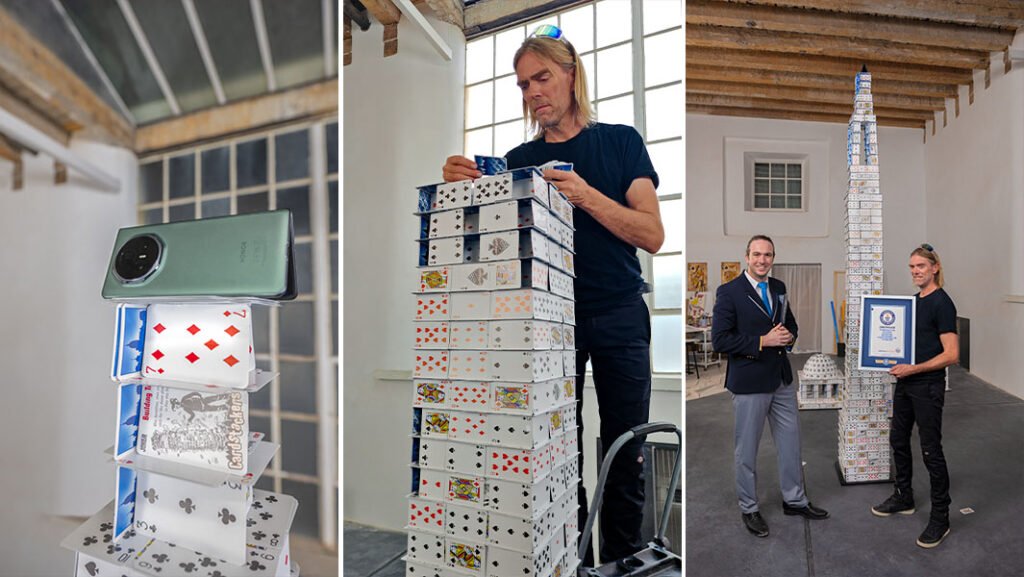 man from US set new world record by constructing tallest house of cards in just 8 hours
