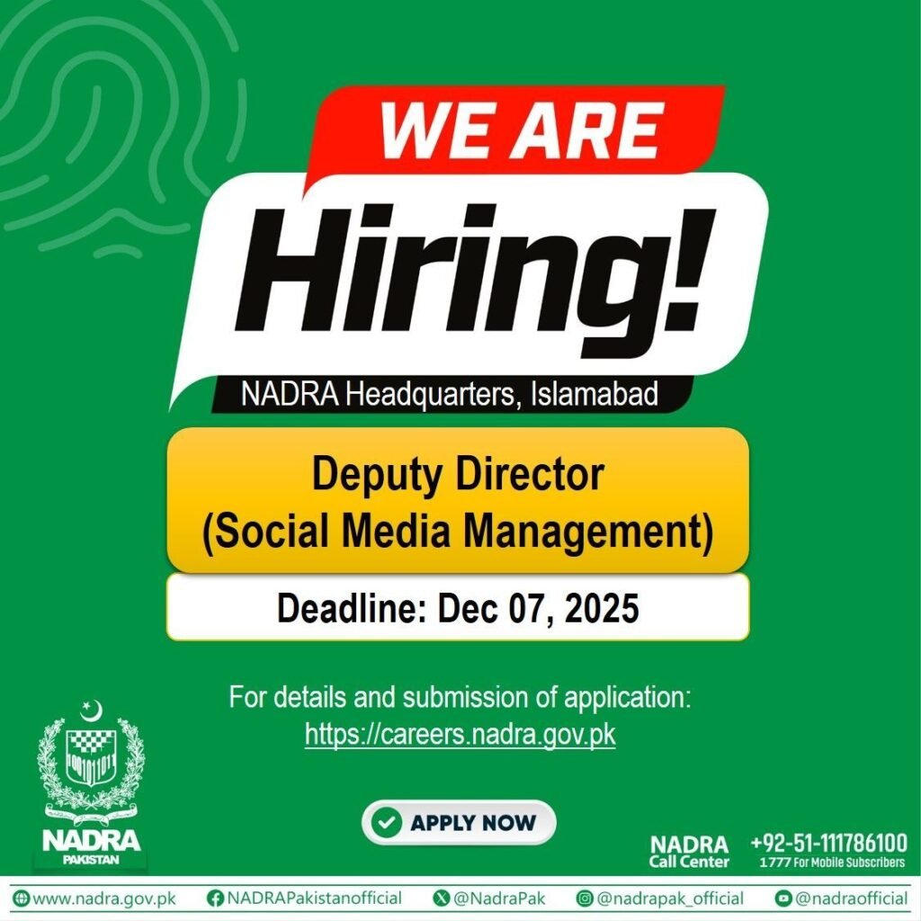 NADRA announces multiple jobs for social media experts The next vacancy is for the Assistant Director, Content Generation, with the same deadline for filing applications. This position is for the NADRA Headquarters in Islamabad.