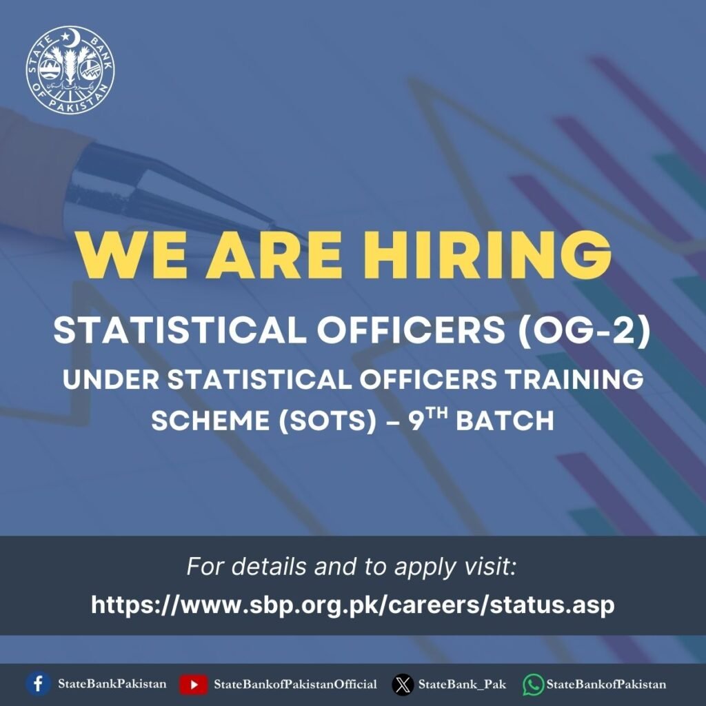 SBP announces vacancies for the Statistical Officers OG-2 for 9th Batch SBP announces vacancies for the Statistical Officers OG-2 for 9th Batch. The SBP has set 22 Dec as the last date for filing applications