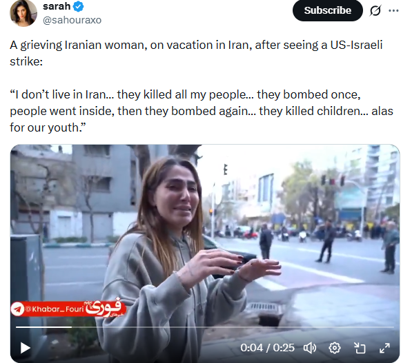 Watch video of young woman crying on road after her family members died in US-Israeli bombings A young woman is crying on road in Iran after her family members were killed in US-Israel bombings in Iran