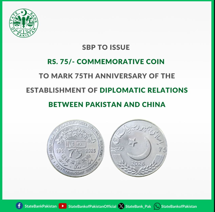 SBP to Issue Rs.75 Commemorative Coin Marking 75 Years of Pakistan–China Diplomatic Relations Rs. 75