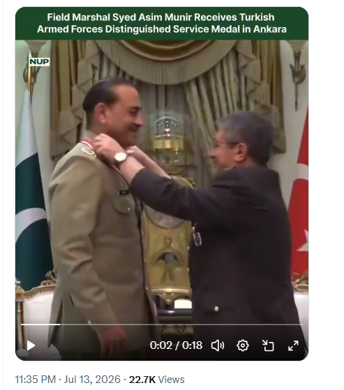 Field Marshal Asim Munir Receives Türkiye’s Highest Military Service Medal: Watch Video Field Marshal Asim Munir Receives Türkiye’s Highest Military Service Medal