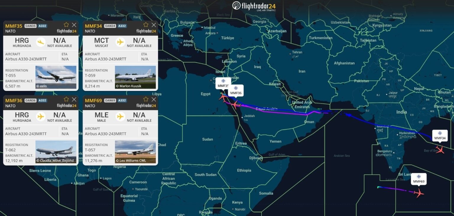 NATO aerial refueling aircraft conduct coordinated flights across Middle East and Indian Ocean