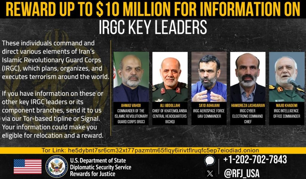 US Offers Up to $10 Million for Information on Five Senior IRGC Commanders