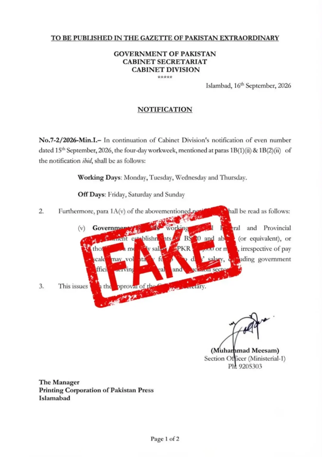 Government Rejects Fake Notification Claiming Four-Day Working Week Across Pakistan
