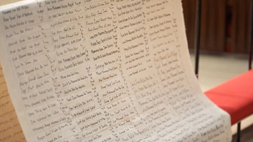 Names of More Than 20,000 Palestinian Children Killed in Gaza Displayed on 100-Metre Shroud in New York