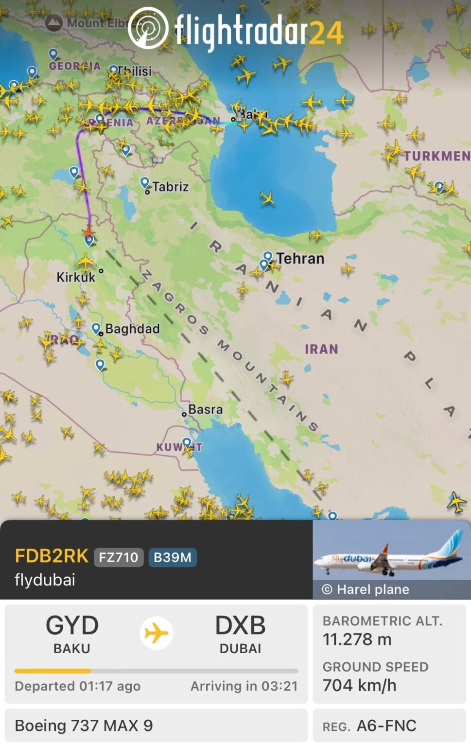 UAE based Baku-Dubai Flight Takes Longer Route as Iran Imposes Reciprocal Airspace Restrictions